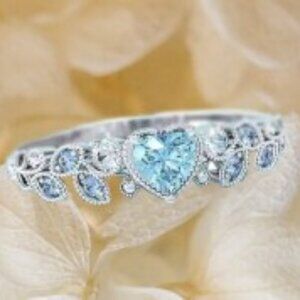 Retro Style Sea Blue Heart-shaped zirconia Silver Plated Ring Women size 9